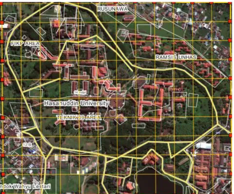 Gambar III.1  Peta lokasi penelitian kampus UNHAS Tamalanrea dan sekitarnya  beserta titik-titik pengukuran Topografi dan SP disetiap perpotogan  garis sumbu vertikal dan horisontal (Dimodifikasi dari peta kampus  UNHAS Tamalanrea dari www.unhas.ac.id) 