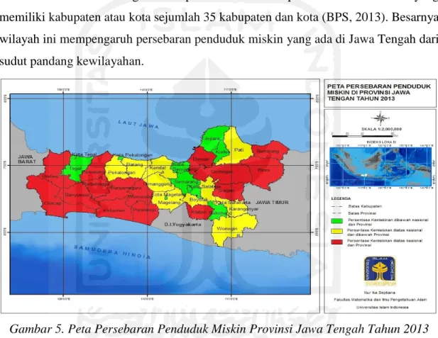 Gambar 5. Peta Persebaran Penduduk Miskin Provinsi Jawa Tengah Tahun 2013  Berdasarkan data kemiskinan tahun 2013 tingkat kemiskinan di Kabupaten/kota  dapat dikategorisasikan menjadi 3 kategori (BPS:2013) : 