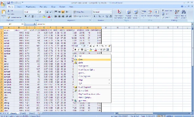 Gambar 3.2 Meng-copy Data dari Microsoft Excel  2. Buka STATA. Klik ‘Data’ lalu pilih ‘Data editor’