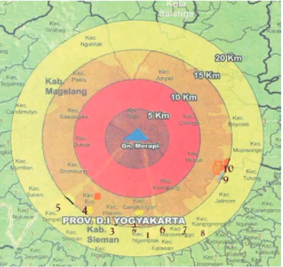 Gambar 1. Lokasi sampling abu vulkanik disekitar Gunung Merapi Yogyakarta