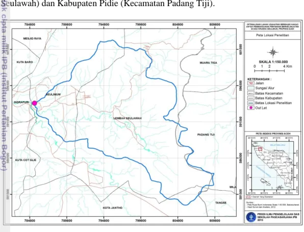 Gambar 4 Lokasi Penelitian DAS Krueng Seulimum – Kabupaten Aceh Besar  Lokasi  penelitian  ditentukan  secara  sengaja  (purposive)  dengan  pertimbangan    DAS  Krueng  Seulimum  merupakan  salah  satu  sub  DAS  Krueng  Aceh  yang  terdapat  di  kawasan 