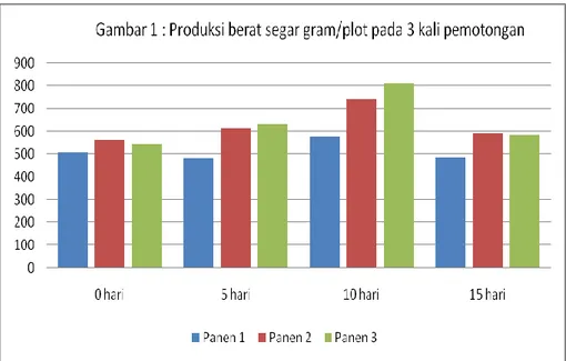 Gambar 1.  Produksi berat segar (gram/plot) pada tiga kali pemotongan 