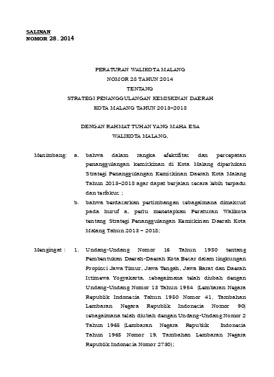 PERATURAN WALIKOTA MALANG NOMOR 28 TAHUN 2014 TENTANG STRATEGI ...