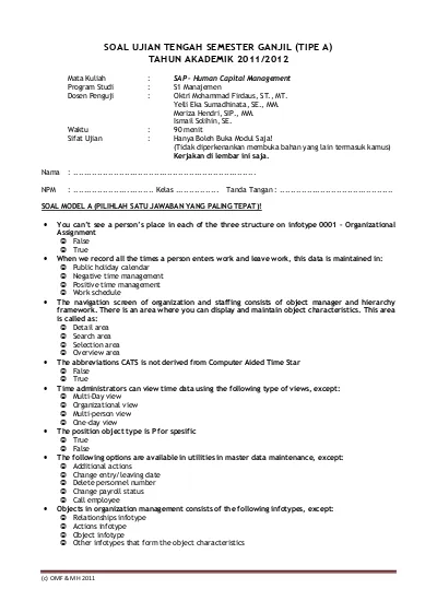 Soal Ujian Tengah Semester Ganjil 2011 Sap Hr (Tipe A & Tipe B)