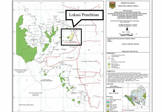 Gambar 2. Peta usulan areal HKm Kashuri Wana Agung Kampung Sendang Asri dan Sendang Mukti Kecamatan Sendang Agung Kabupaten Lampung Tengah.