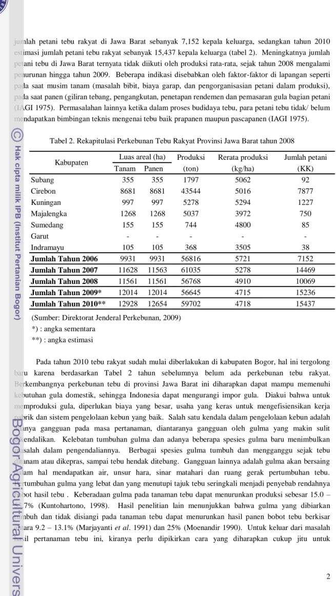 Tabel 2. Rekapitulasi Perkebunan Tebu Rakyat Provinsi Jawa Barat tahun 2008 