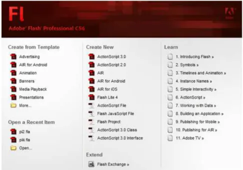 Gambar 2.1 Tampilan Welcome Screen Adobe Flash Professional CS6  Sumber: Rahmanisa, 2013 