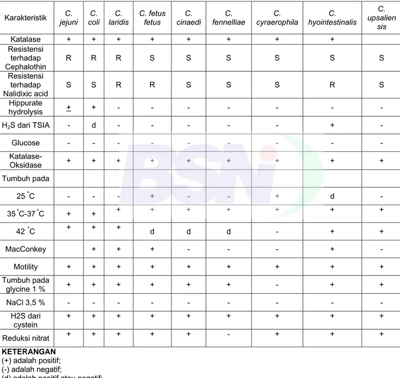 Tabel 6 - Perbandingan  karakteristik spesies Campylobacter    