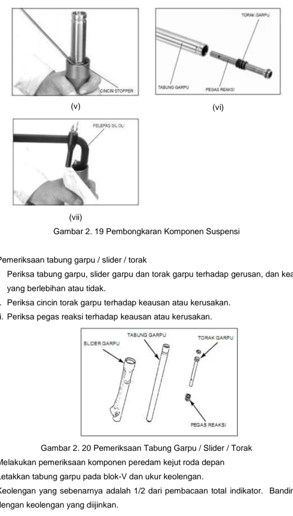 Gambar 2. 20 Pemeriksaan Tabung Garpu / Slider / Torak  7)  Melakukan pemeriksaan komponen peredam kejut roda depan 