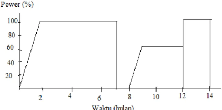 Gambar 2. Contoh data perubahan daya selama periode operasi tertentu reaktor   Berdasarkan gambar 2 maka persamaan-persamaan diatas dapat dicari sebagai berikut : 