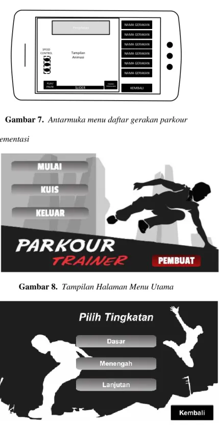Gambar 6. Antarmuka Menu Tingkatan  e.  Rancangan antarmuka menu daftar gerakan parkour 