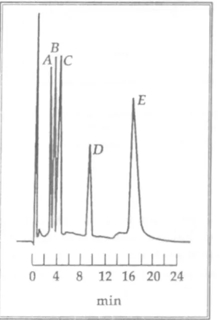 Gambar 2. Kromatogram pestisida. (A) lindan, (B) heptaklor,  (C) aldrin, (D) dieldrin dan (E) DDT 