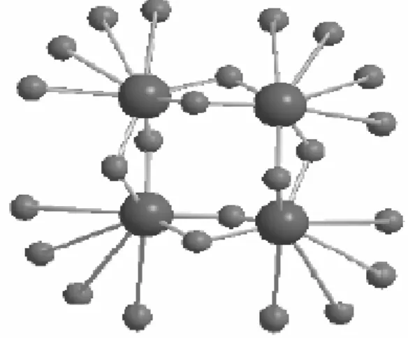 Gambar 1. Struktur dari [Zr 4 (OH) 8 (H 2 O) 16 ] +8  Kristal ZrOCl 2 .8H 2 O terhidrolisis dalam air sebagai berikut:  