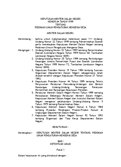 KEPUTUSAN MENTERI DALAM NEGERI NOMOR 64 TAHUN 1999 TENTANG PEDOMAN UMUM ...