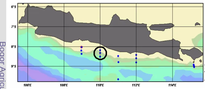 Gambar 1. Peta Samudera Hindia, bagian Selatan Pulau Jawa dan titik pengambilan                      data oseanografi