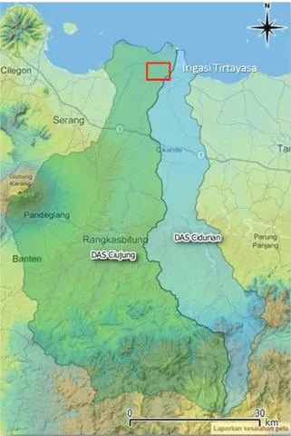 Gambar 2.  Irigasi  Tirtayasa  dan  daerah  tangkapan  air  Sungai Ciujung dan Sungai Ciduria