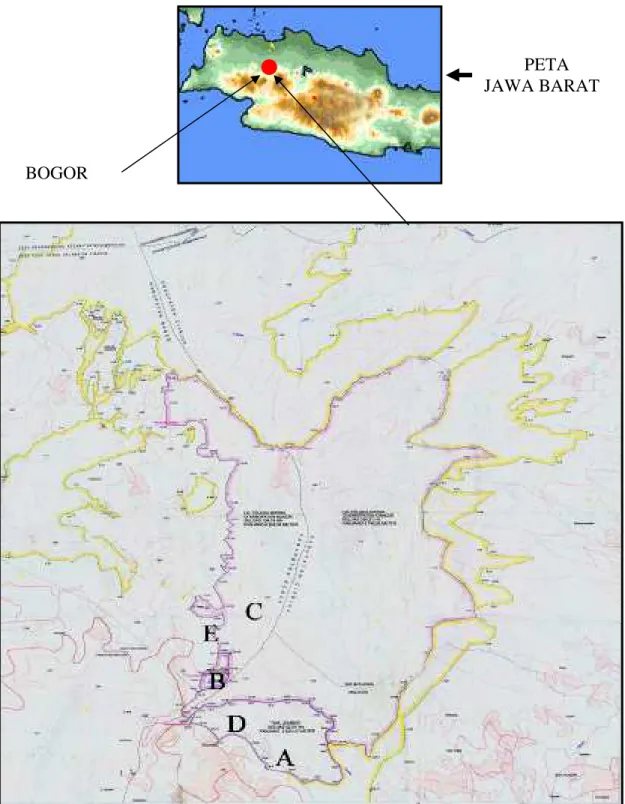 Gambar 3    Peta lokasi penelitian di Kawasan Telaga Warna Kabupaten  Bogor dan  Cianjur