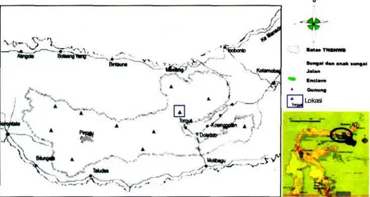 Gambar 1. Peta lokasi penelitian di Taman Nasional Bogani Nani Wartabone, Sulawesi Utara