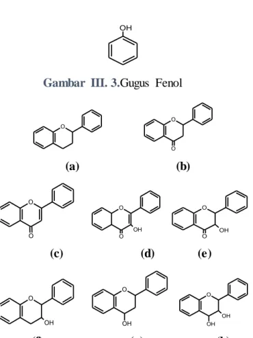 Gambar  III. 4. Struktur  Senyawa  (a) flavan,  (b) flavanon,  (c) flavon,  (d) flavonol  (quarcetin),  (e) dihidroflavonol,  (f)  flavan‐3‐ol,  (g) flavan‐4‐ol,  dan  (h) flavan‐3,4‐