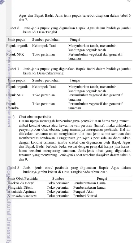 Tabel 6  Jenis-jenis pupuk yang digunakan Bapak Agus dalam budidaya jambu kristal di Desa Tangkil 