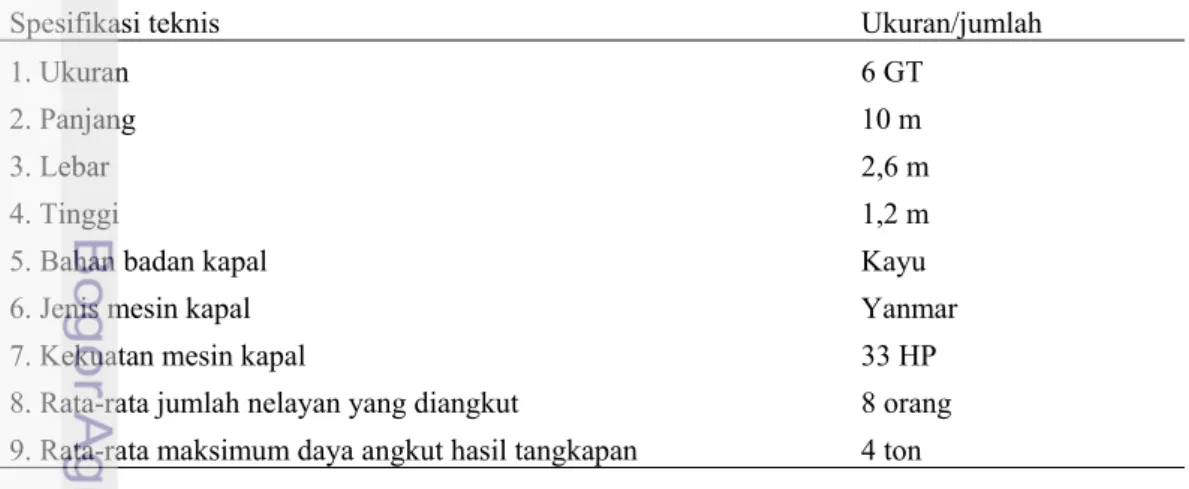 Tabel 3 Spesifikasi teknis kapal angkut bagan apung di PPN Palabuhanratu 