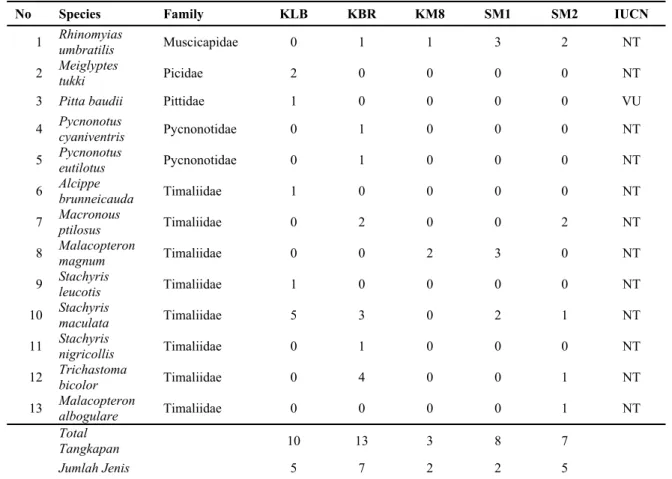 Tabel 3. J enis-jenis burung dengan status global IUCN. (KLB: Kabalob; KBR: Kabungolor; KM8: Hutan  Wisata KM.8; SM1: RT 5, Simenggaris; SM2: KPPN)