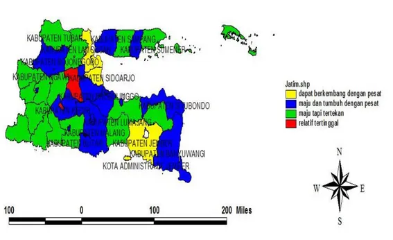 Gambar 2. Peta Kabupaten dan Kota Jawa Timur Berdasar Analisis Tipology Klassen 