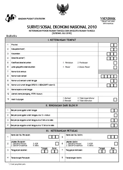 SURVEI SOSIAL EKONOMI NASIONAL 2010 KETERANGAN POKOK RUMAH TANGGA DAN ...