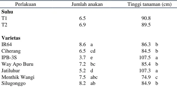 Tabel 1  Pengaruh  suhu  dan  varietas  padi  terhadap  jumlah  anakan  dan  tinggi  tanaman pada 8 MST 