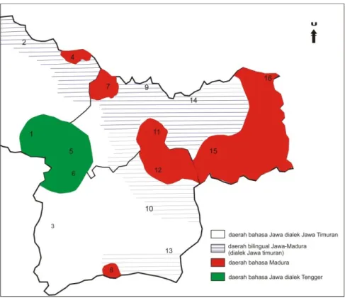 Gambar 5.3 Peta daerah bahasa dan dialek/batas bahasa dan dialek   di Kabupaten Pasuruan, Probolinggo, dan Lumajang 
