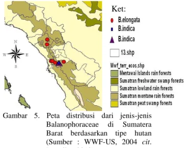 Gambar  5.  Peta  distribusi  dari  jenis-jenis  Balanophoraceae  di  Sumatera  Barat  berdasarkan  tipe  hutan  (Sumber  :  WWF-US,  2004  cit