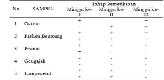 Tabel 1. Hasil isolasi Salmonella sp dari swab kloaka burung puyuh pada 5 desa di Kecamatan Darul Imarah, Aceh Besar  