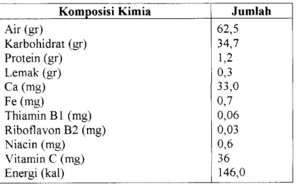 Tabel  1.2. Kandungan Kalori dan Komposisi Zat Gizi dalam  100 gram  Singkong [4] 