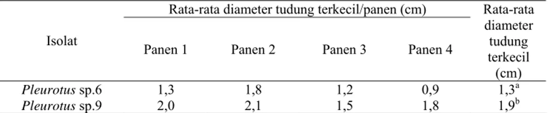 Tabel 6 Rata-rata diameter tudung terkecil Pleurotus sp.6 dan Pleurotus sp.9  Rata-rata diameter tudung terkecil/panen (cm) 