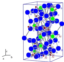 Gambar  3. Struktur  kristal  kalsium monoaluminat (CaAl 2 O 4 ) dengan parameter kisi a=  8,700 Å, b= 8,0920 Å, c = 15,1910 Å.