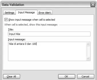 Gambar 53 Validasi data agama.    Kita dapat membuat pesan pemasukan data melalui tab Input Message melalui kotak dialog  Data Validation seperti Gambar 70. Sebelumnya pilih range yang akan diberi pesan tersebut.  Pada kasus daftar nilai pada contoh pertam