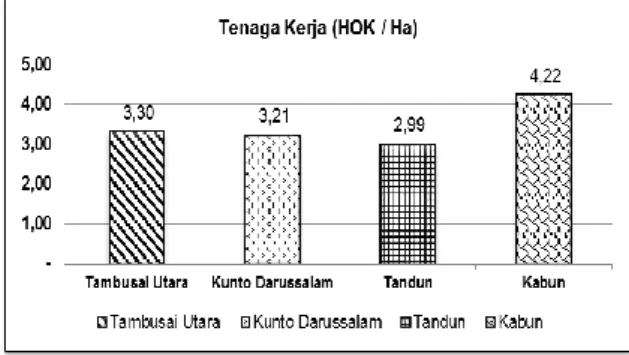 Gambar 1.  Rata-Rata  Hari  Orang  Kerja  (HOK)  per  Ha  Perkebunan  Kelapa  Sawit  pada  Empat Kecamatan di Kabupaten Rokan  Hulu 