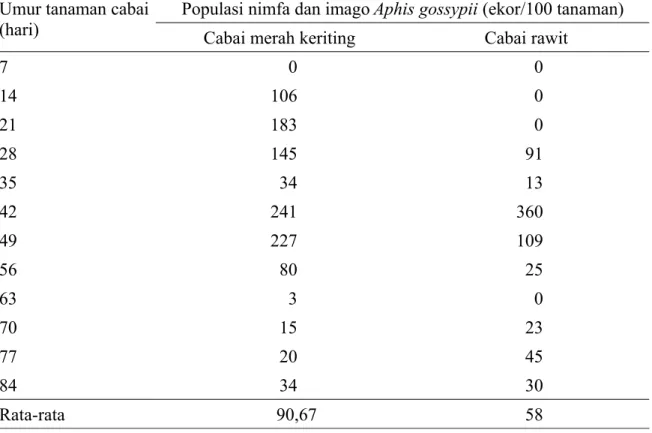 Tabel 1. Perkembangan populasi nimfa dan imago  Aphis gossypii  pada tanaman cabai  merah keriting dan cabai rawit