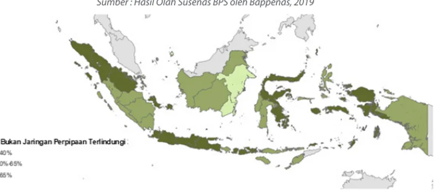 Gambar 20. Peta Sebaran Capaian Akses Bukan Perpipaan Terlindungi Per Provinsi Sumber : Hasil Olah Susenas BPS oleh Bappenas, 2019