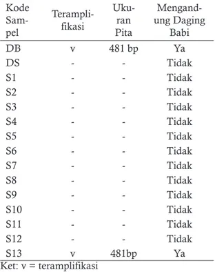 Tabel 2. Pengamatan panjang fragmen DNA ha- ha-sil elektroforesis Kode   Sam-pel Terampli-fikasi Uku-ran Pita  Mengand-ung Daging Babi DB v 481 bp Ya DS - - Tidak S1 - - Tidak S2 - - Tidak S3 - - Tidak S4 - - Tidak S5 - - Tidak S6 - - Tidak S7 - - Tidak S8
