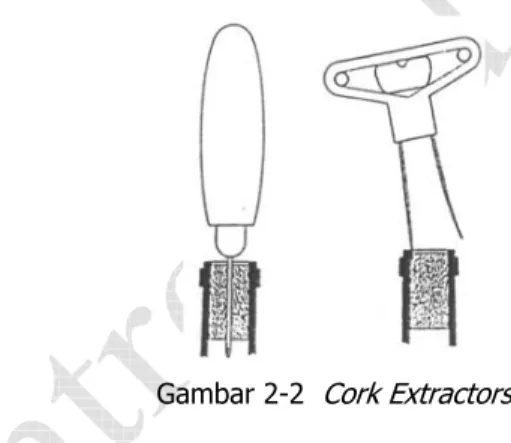 Gambar 2-2 mengilustrasikan dua alat untuk melepaskan sumbat tanpa  menggunakan ulir, yaitu pencabut ’ the wiggle and twist extractor ’ dan  ’air  pump’ 