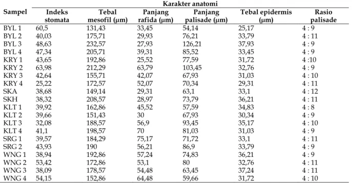 Tabel 3. Karakter anatomi daun suweg di wilayah eks-karesidenan Surakarta 