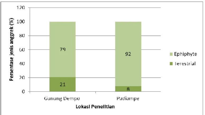 Gambar 5. Perbandingan jumlah jenis anggrek di Gunung Dempo dan Padiampe kawasan  hutan lindung Pagar Alam, Sumatera Selatan 