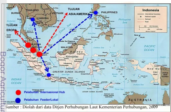 Gambar 3  Rute perdagangan Pelabuhan Tanjung Priok dengan pelabuhan- pelabuhan-pelabuhan di negara-negara Asean  