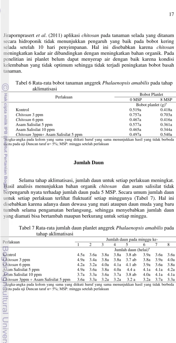 Tabel 6 Rata-rata bobot tanaman anggrek Phalaenopsis amabilis pada tahap  aklimatisasi 