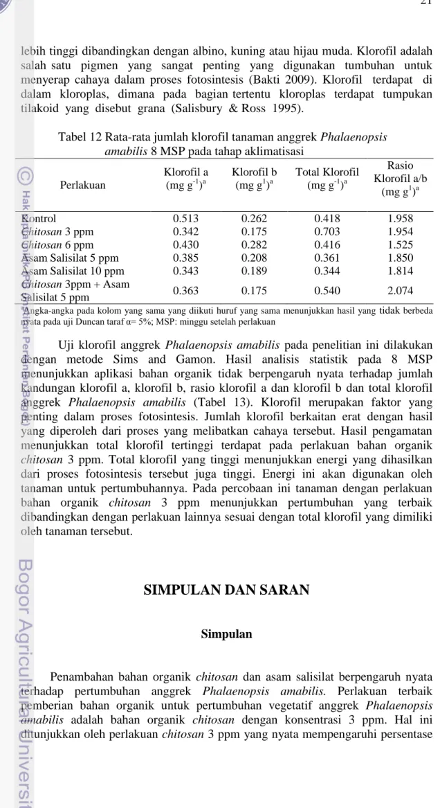 Tabel 12 Rata-rata jumlah klorofil tanaman anggrek Phalaenopsis  amabilis 8 MSP pada tahap aklimatisasi 