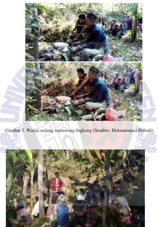 Gambar 6. Sambutan Sekertaris  Desa Cukil (Suharno: yang mengenakan  jaket  merah ) sebelum proses Selametan (Sumber: Dokumentasi Pribadi) 