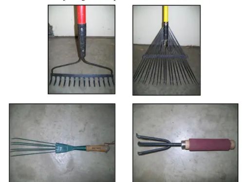 Gambar 14.  Jenis-jenis  ‘rake’; hard rake (kiri atas),  leaf rake (kanan  atas),  hand-leaf rake (kiri bawah), dan hand-hard rake (kanan bawah)  