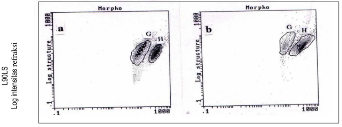 Gambar  1.    Sitogram      flow    cytometry:    Log  intensitas  sinar  difraksi  (LFLS)  meningkat  menunjukkan  populasi  sel  hidup  (H)  dan  log  intensitas  sinar  refraksi  (90LS)  meningkat  dengan  LFLS  menurun  menunjukkan  populasi sel mati (