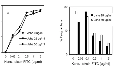 Gambar 7.  Pengaruh ekstrak diklorometan jahe  25 dan 50 g/ml terhadap ikatan toksin-FITC pada 10 5  sel/ml Caco- 2;  
